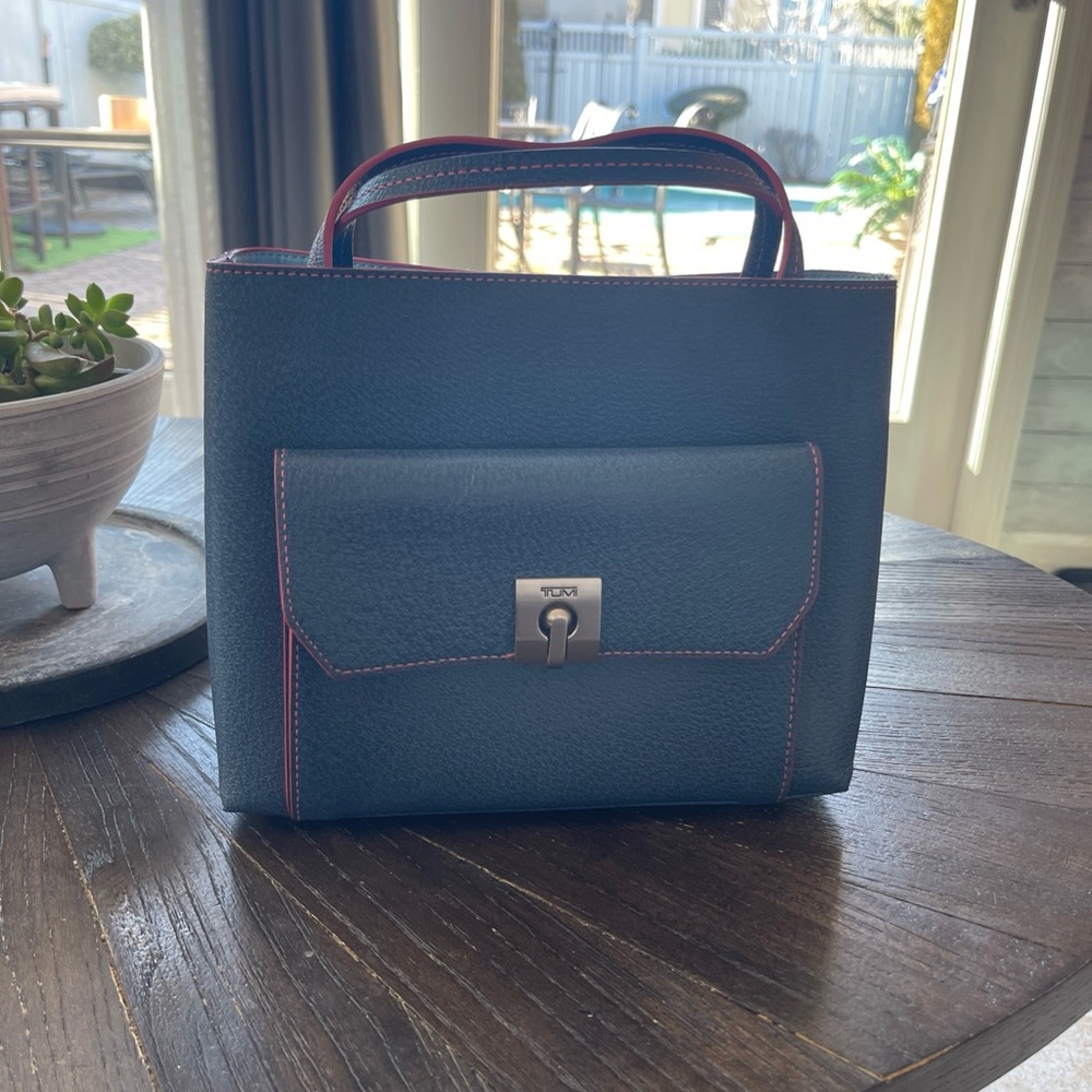 Tumi Navy Satchel with Burgundy Highlights